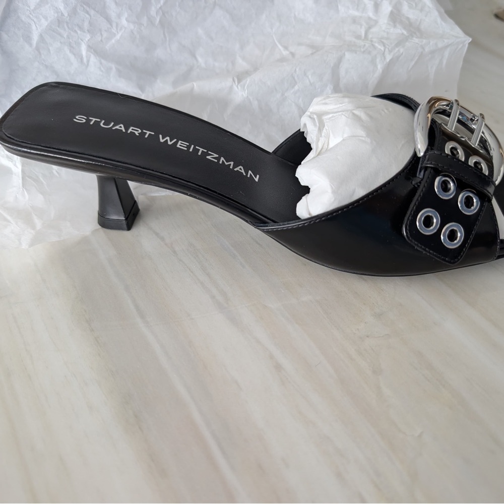 Stuart Weitzman Black Mules with Silver Buckle
